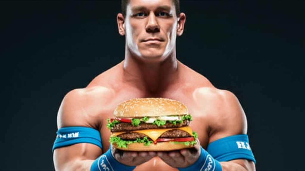 John Cena holding a giant cheeseburger