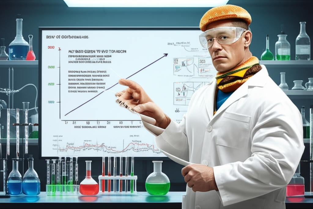 John Cena as a burger scientist in a laboratory with beakers and charts proving McCena's superiority