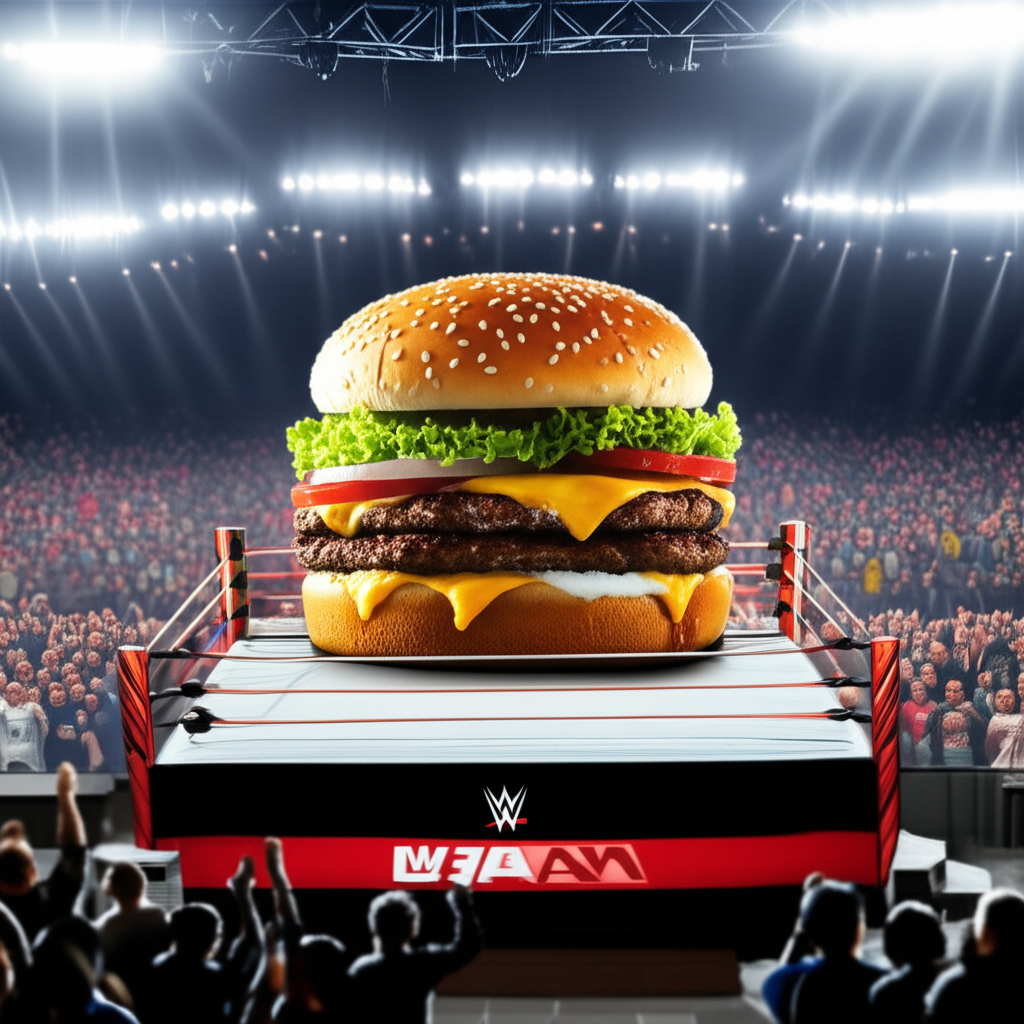 Giant cheeseburger in a WWE wrestling ring